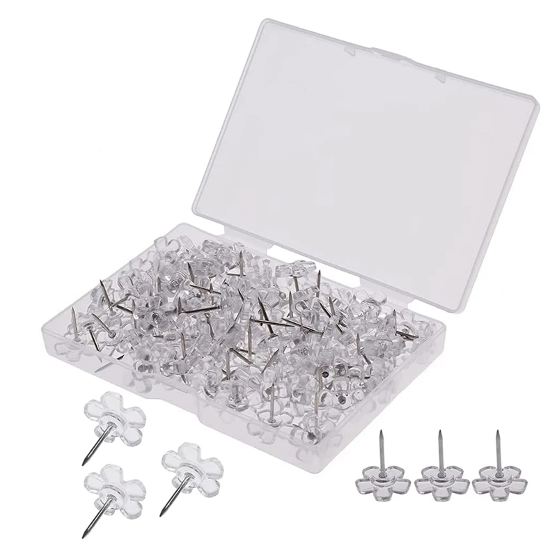 200Pcs Clear Push Pins Plastic Thumb Tacks Flat Flower Pins Head Push Pins For Corkboard/ Felt/ Bulletin Boards