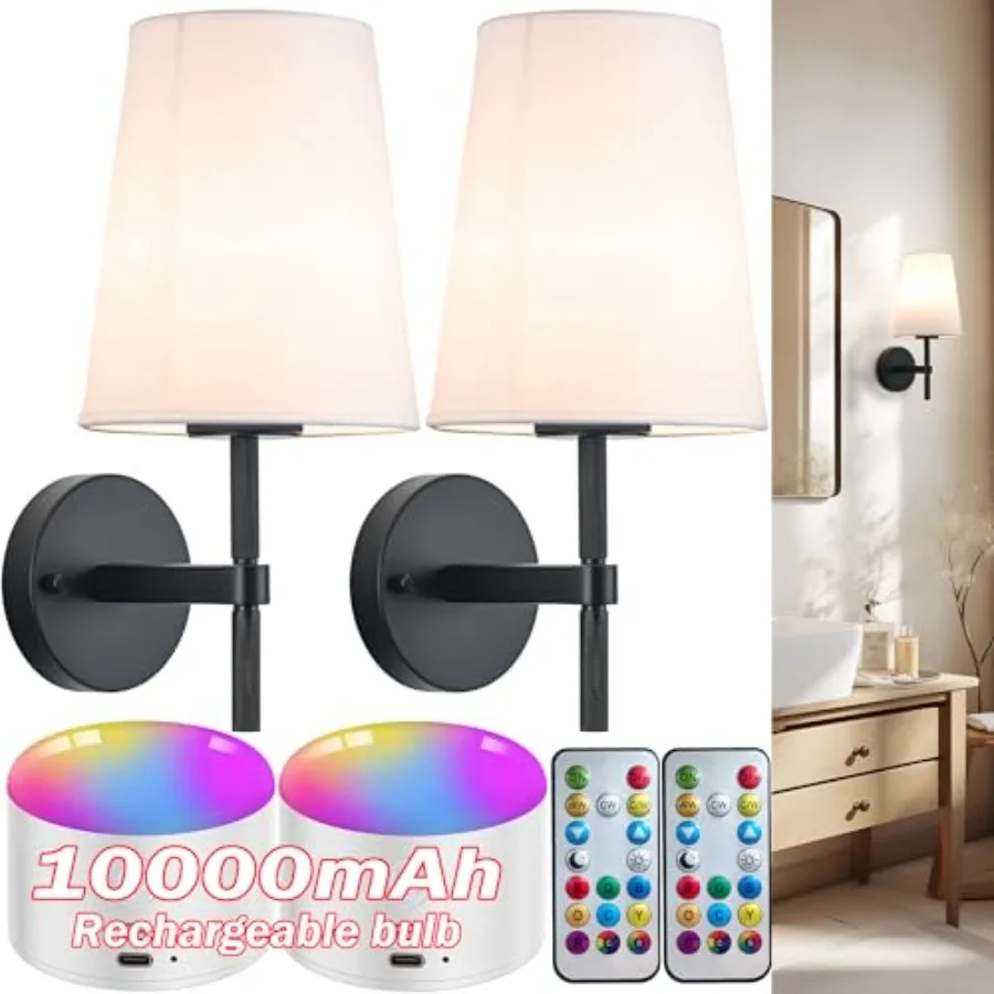 

Wireless Sconces Set of 2, Battery Wall Sconce Including 10000mAh Large Capacity Dimmable Magnetic Battery Operated Light Bulbs