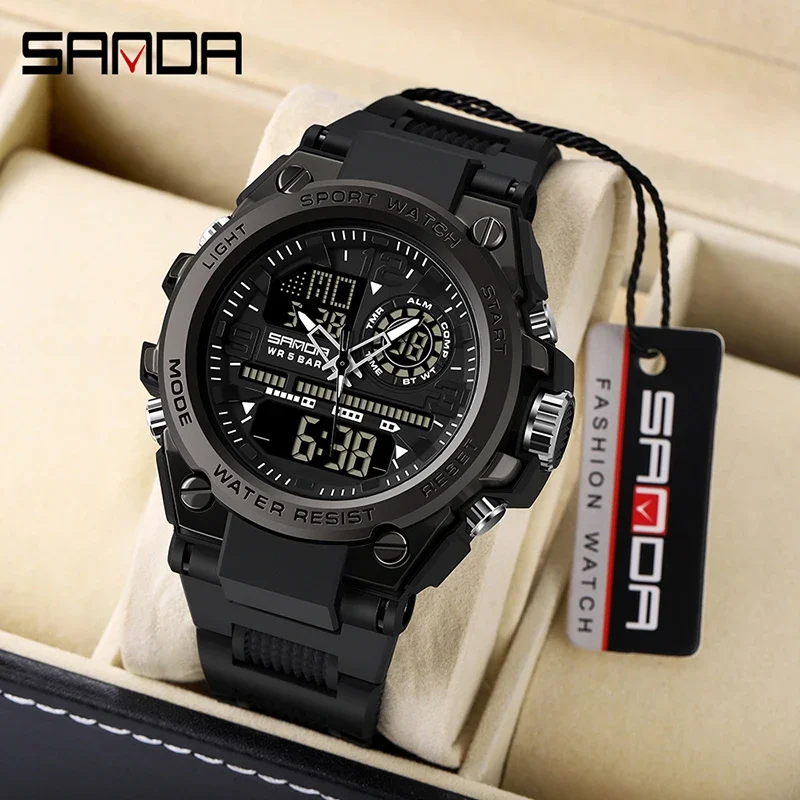 SANDA 6024 Sport Quartz Watch for Men LED Dual Display Electronic Digital Mens Wristwatches Waterproof Military Shockproof Clock