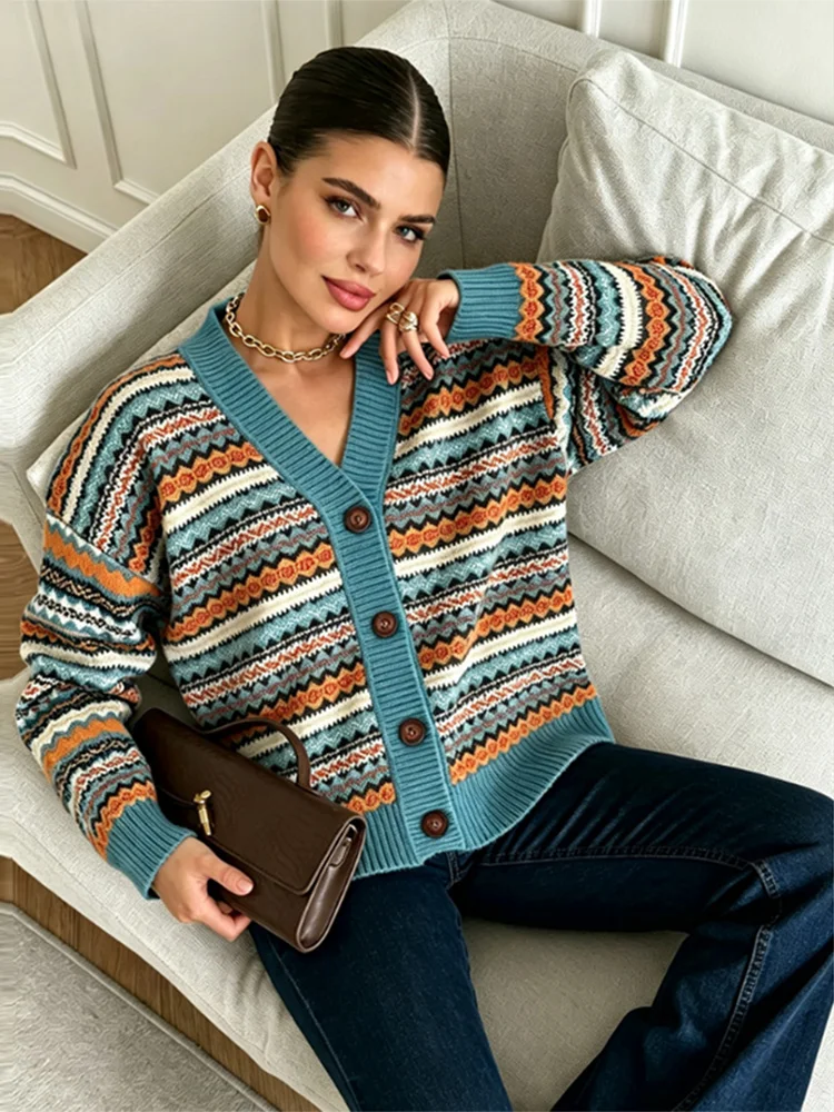 Gestrickter Gerippter V-Ausschnitt Jacquard-Cardigan für Damen, Eleganter Langarm-Cardigan mit Einzelknopfleiste, Paneelen und Loser Passform, Schicke Damen-Streetwear – Detail 7