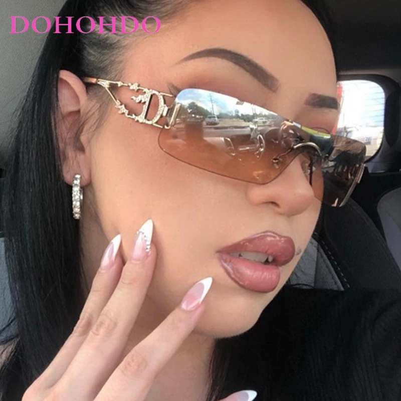 

Punk Personality Rimless One Piece Square Frame Sunglasses Unisex Luxury Brand Hollow Leg Design Outdoors Driving Eyewear UV400