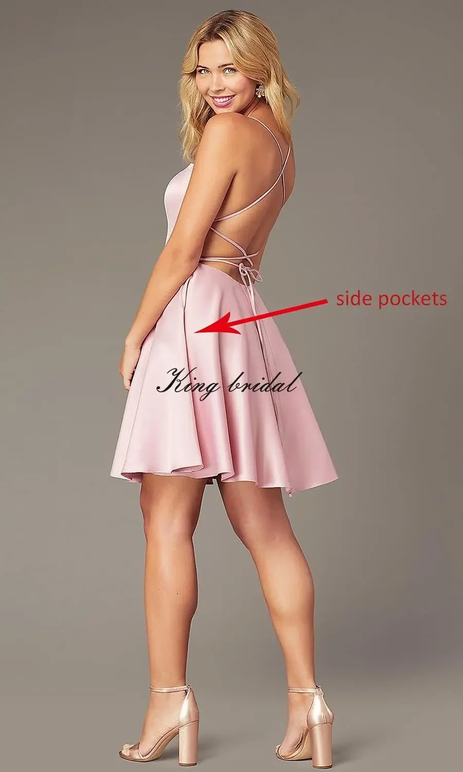 Maßgeschneidertes kurzes Satin-Heimkehrkleid mit Taschen, Spaghettiträgern, formelle Hochzeits-Party-Kleider, Cocktail-Clubwear-Kleider