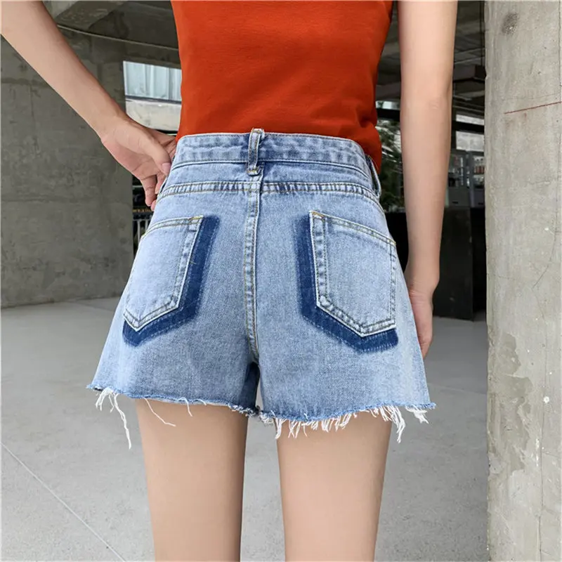 Women Fresh Low-waist Hot Stylish Irregular Solid Fur-trimmed Jeans Simple Loose Denim All Match Casual New Summer Blue Shorts