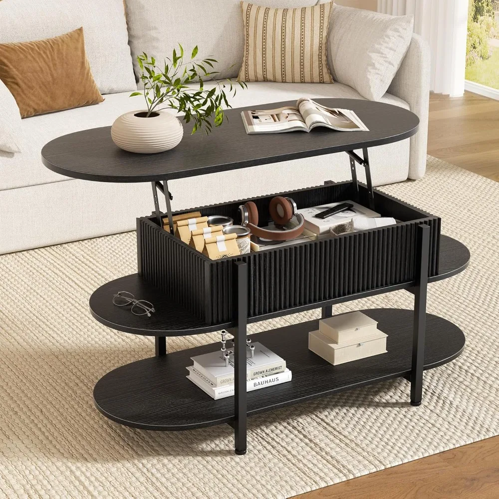 

41.7" Oval Lift Top Coffee Table, Fluted Wood Center Table with Hidden Storage, 3 Tier Small Tables with Curved Edge, Modern