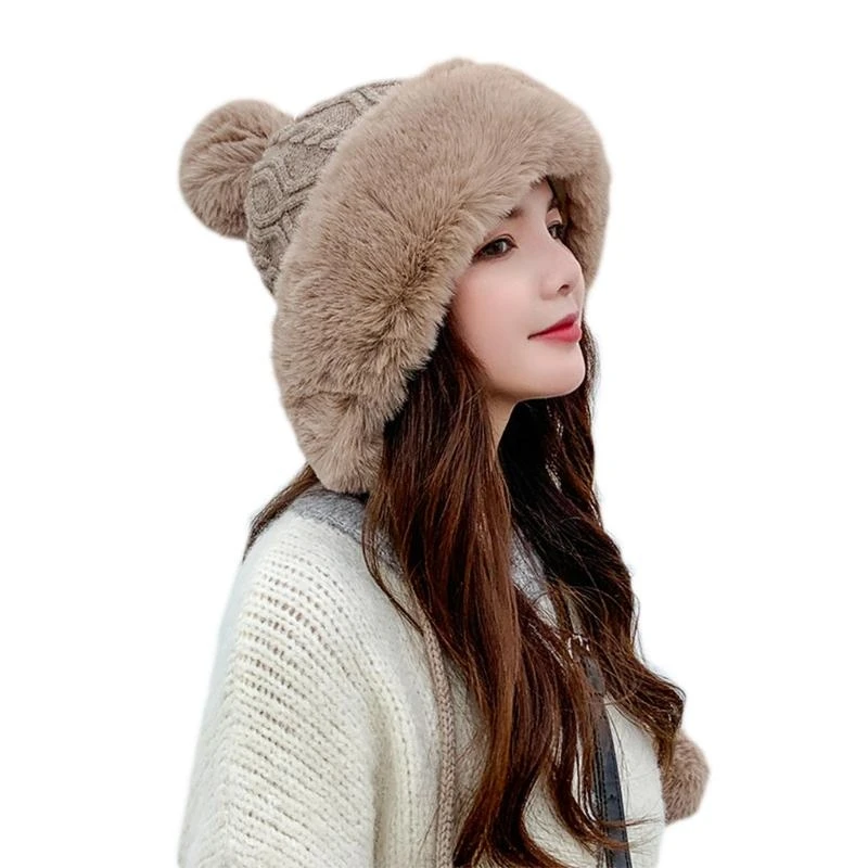 400A Sweet Warm Cold-proof Woolen Hat Fashion Hat Plush Ball Beanie Hat Travel All-match Autumn Winter for Women Ladies
