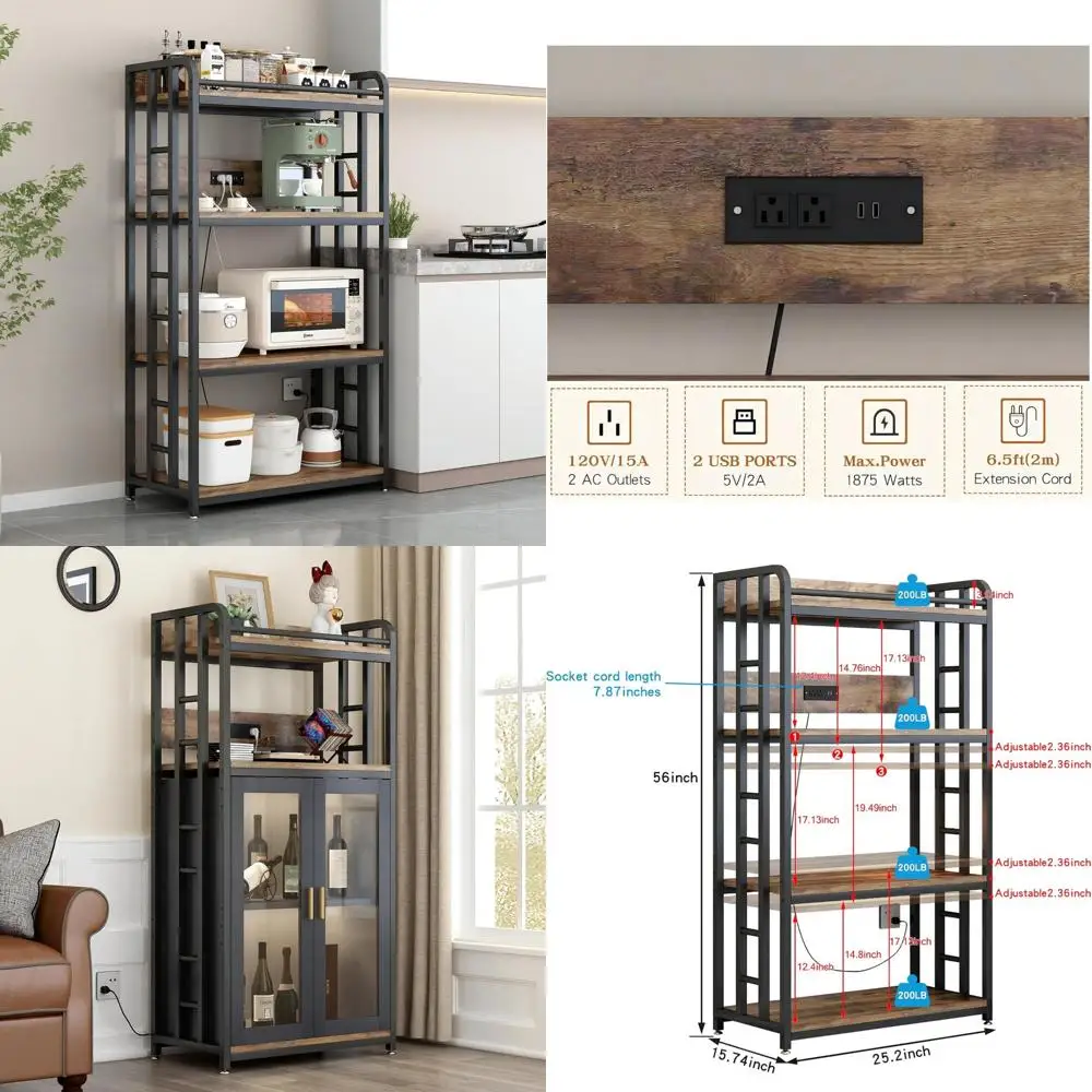 Adjustable 4-Tier Heavy Duty Kitchen Baker's Rack with Power Outlet, with Industrial Wheels, Free Standing Microwave Oven Cart S