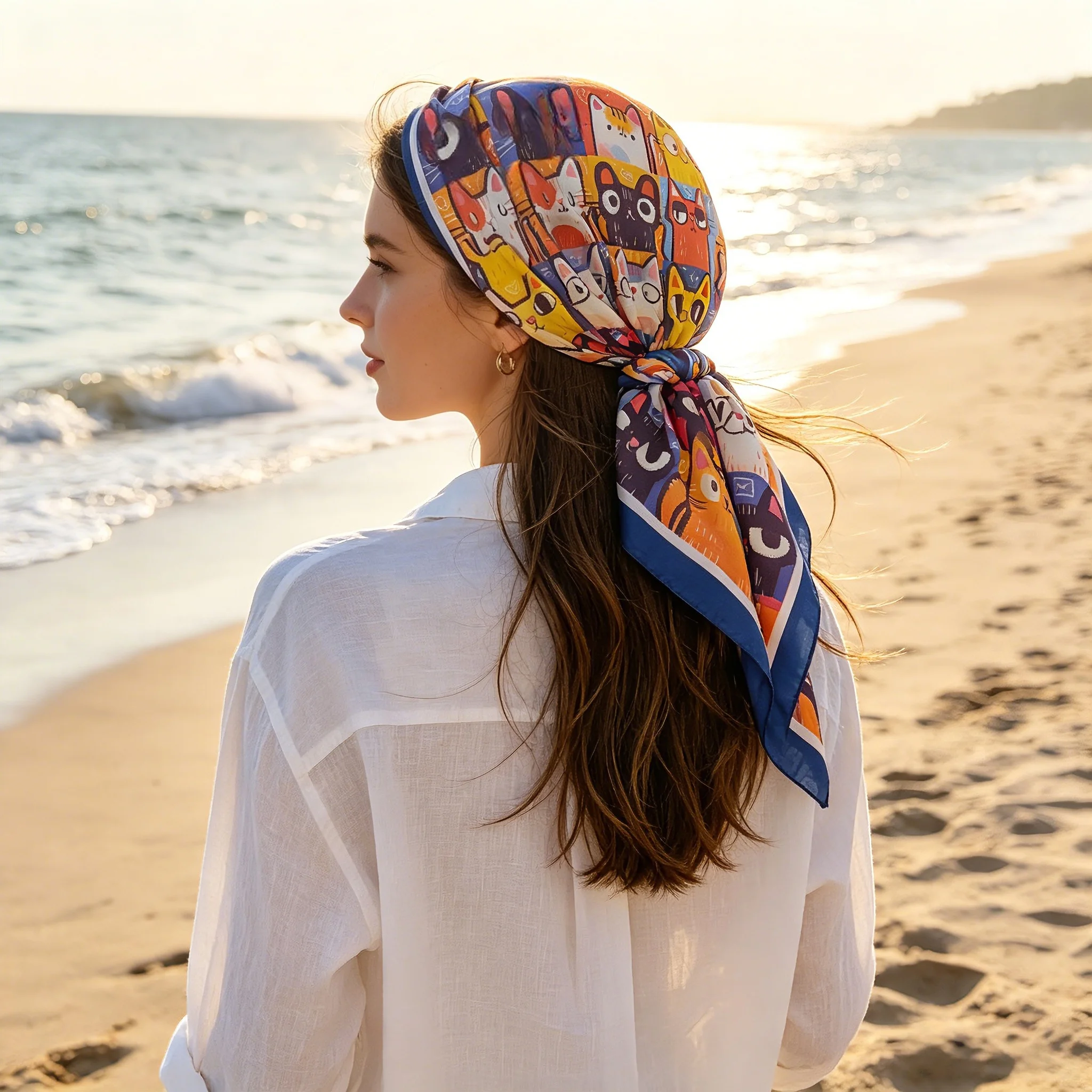 2026 New Imitation Silk Square Scarf Women Animal Cat Printed Fashion Accessories Hairband Foualrd Bandana Neckercheif