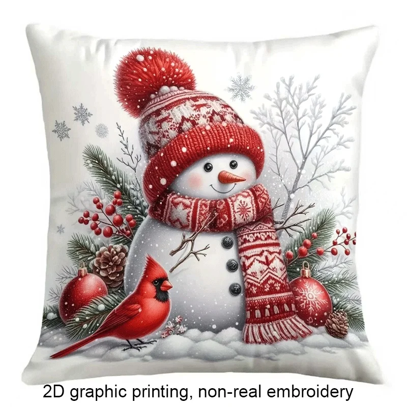 1pc Snowman & Red Bird Double‑Sided Print Pillow Cover, Cushion Case for Sofa Bedroom, Insert Not Included, Xmas Decor