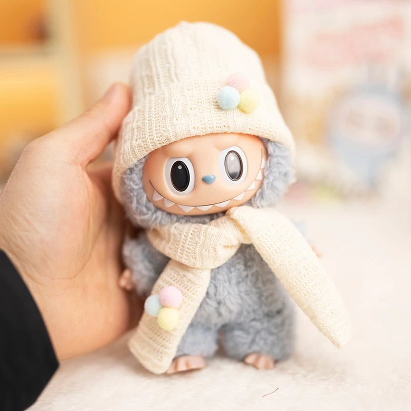 Doll Hat for 17cm Labubu Doll 4 Colors Knitted hat and Scarf Kawaii Cute Doll Accessories Kids Girls Toys