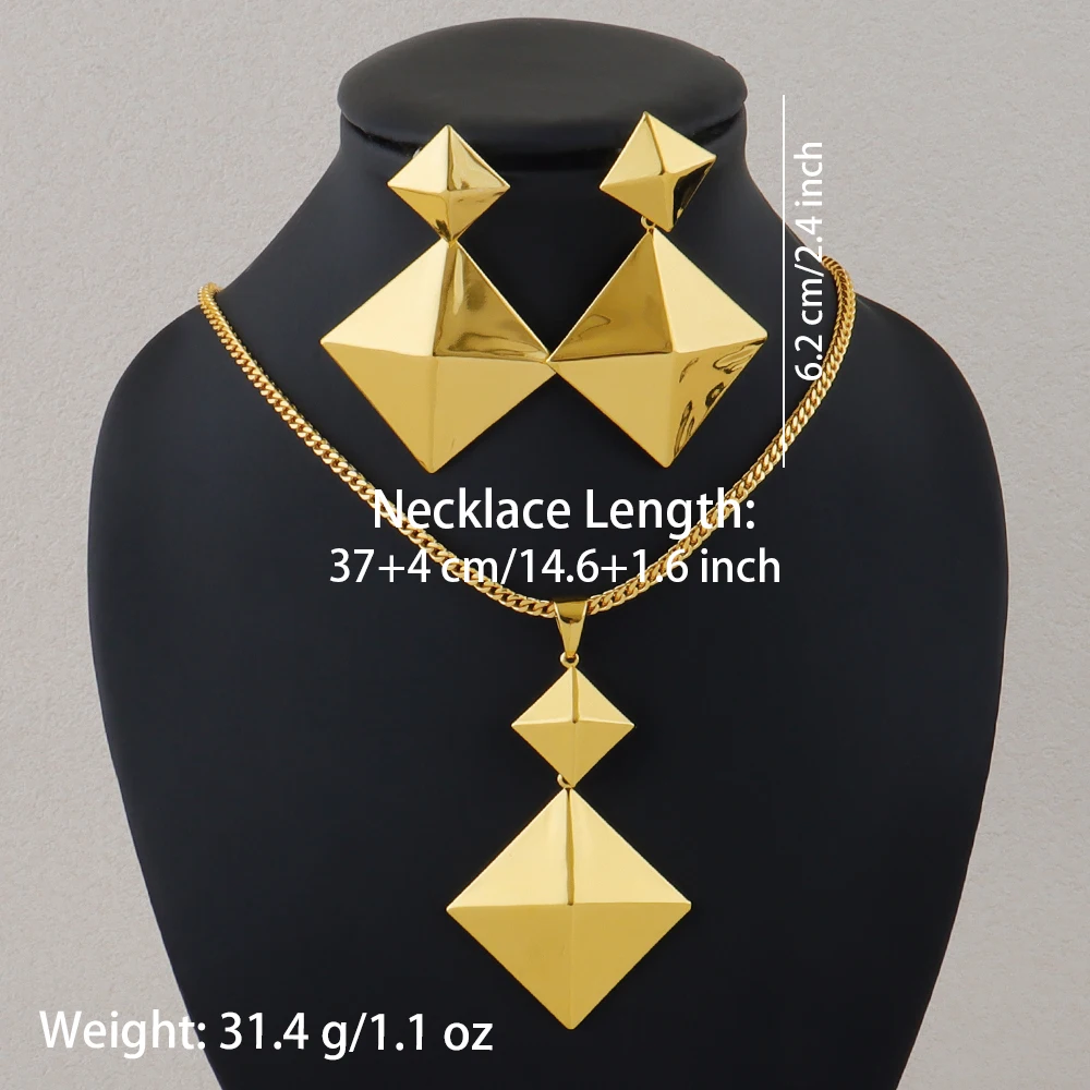 18K Goldfarbenes Schmuckset für Damen, Modisches Persönliches Einfaches Rhombus-Halsketten- und Ohrring-Set für Hochzeit, Party und Geschenke – Detail 1
