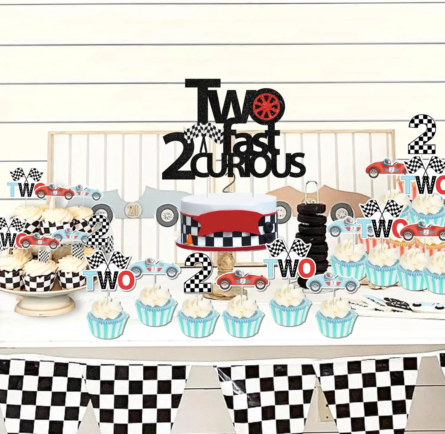 Two Fast Two Curious Birthday Decor 25Pcs Vintage Race Car Cupcake Toppers for Boy 2nd Birthday Let’s Go Racing Party Supplies