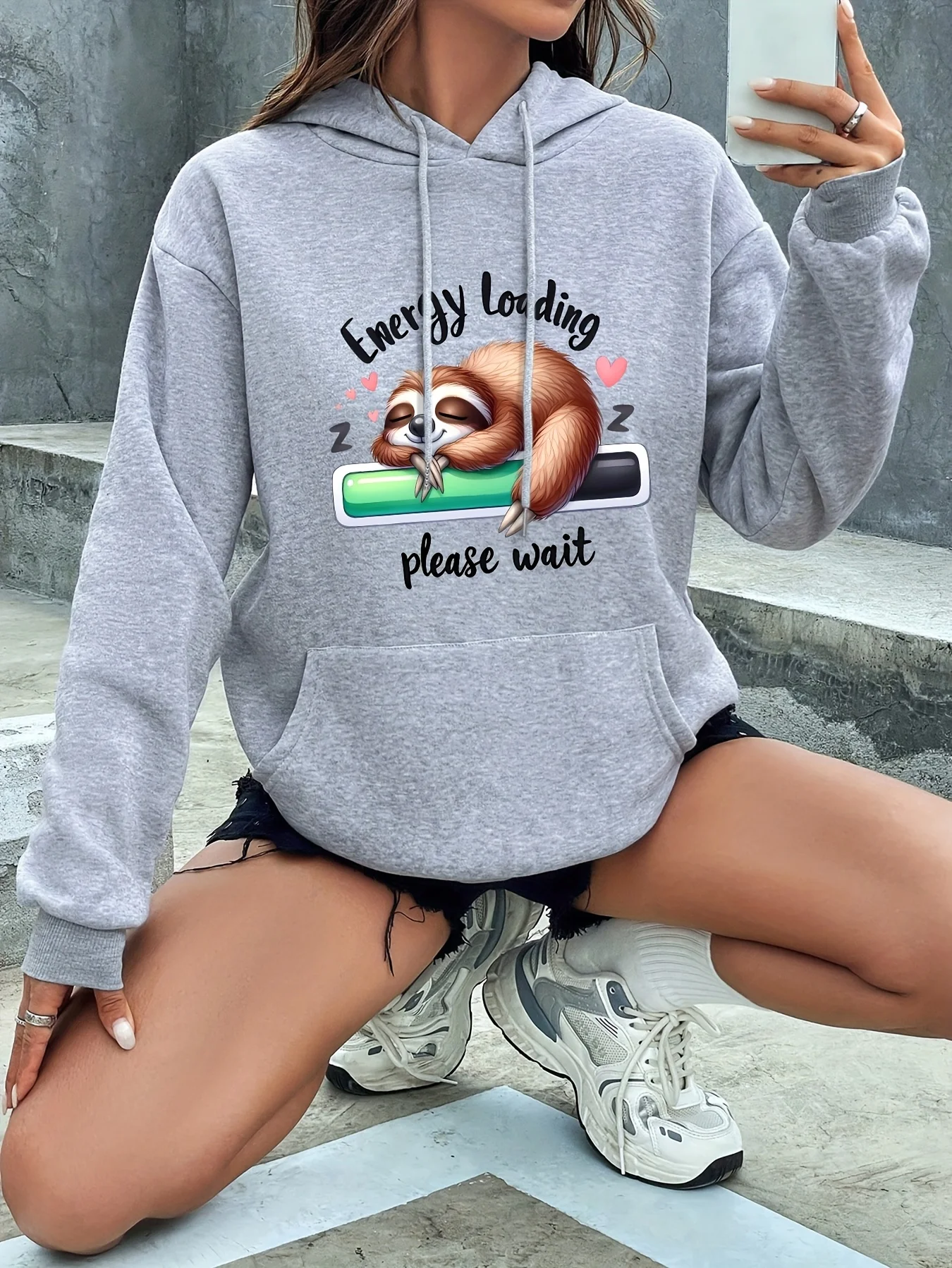 

Women's Cute Sloth and Letter Print Hoodie. Comfortable Long Sleeve Pullover with Kangaroo Pocket, Perfect for Autumn and Winter