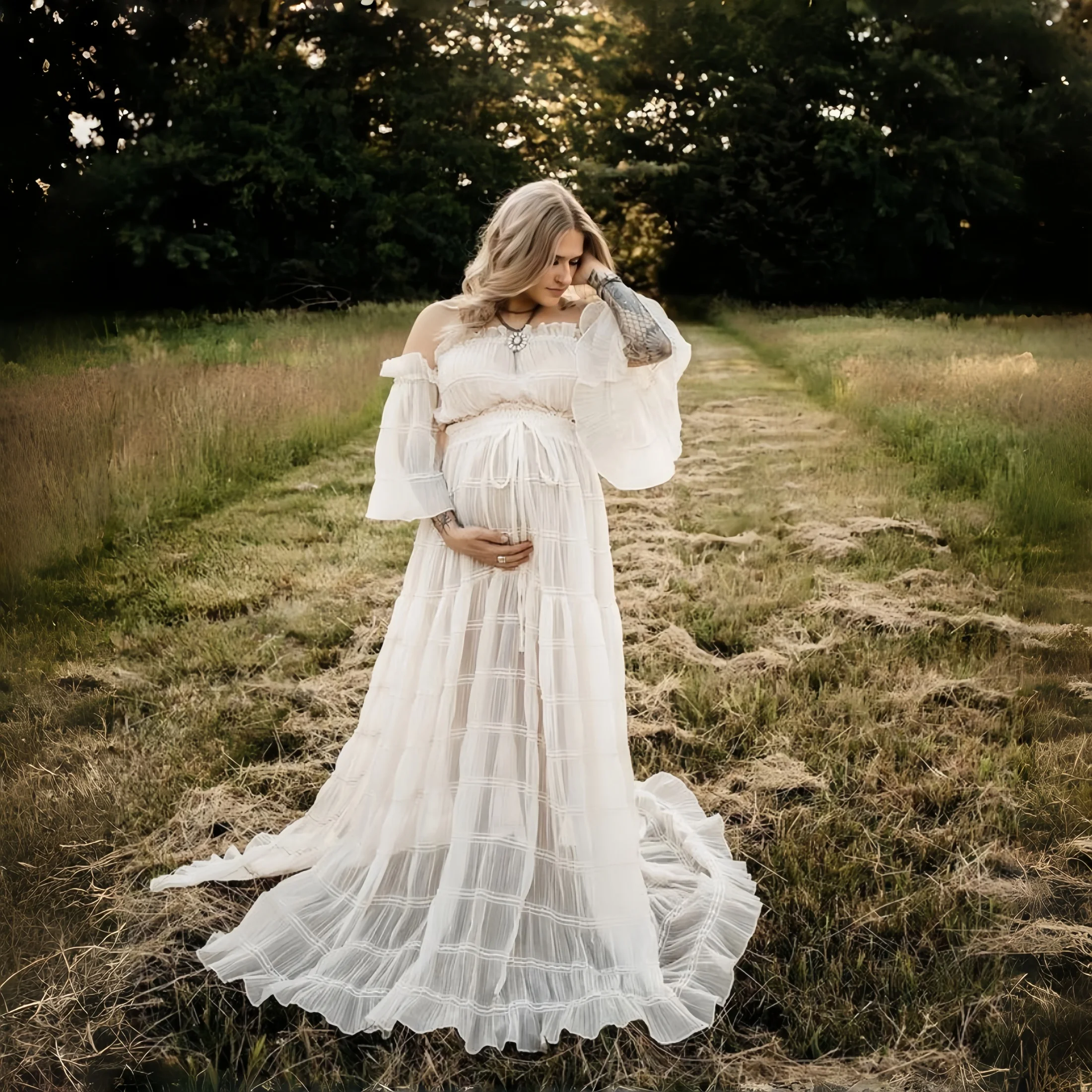 White Pleated Chiffon Maternity Photo Shoot Outfit Long Dress Short Sleeve 2 in 1 Pregnancy Photography Dress Set