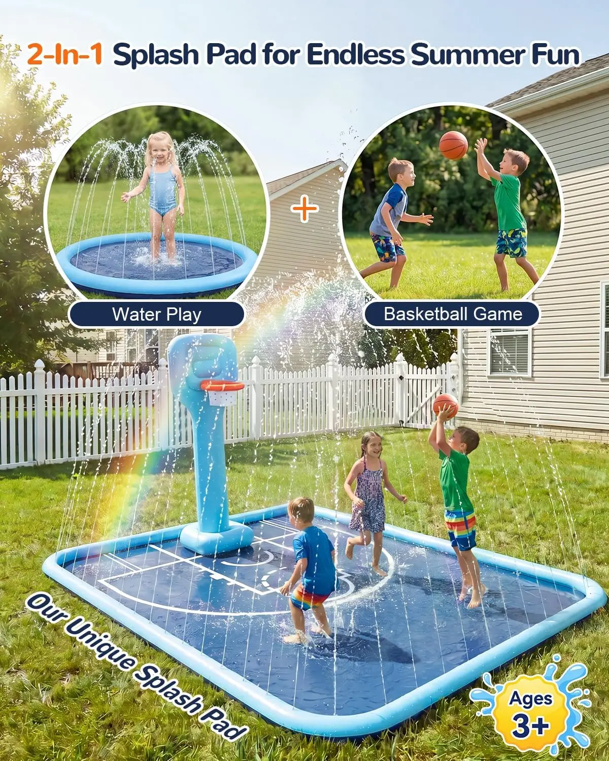 Kiddie Sprinkler Pool PVC Material Large Size Non-Slip With Basketball Hoop Summer Blue