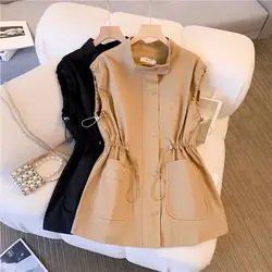 Korean Loose Drawstring Vests Jacket Spring Autumn New Pleated Solid Color Sleeveless Casual Tops Vintage Fashion Women Clothing