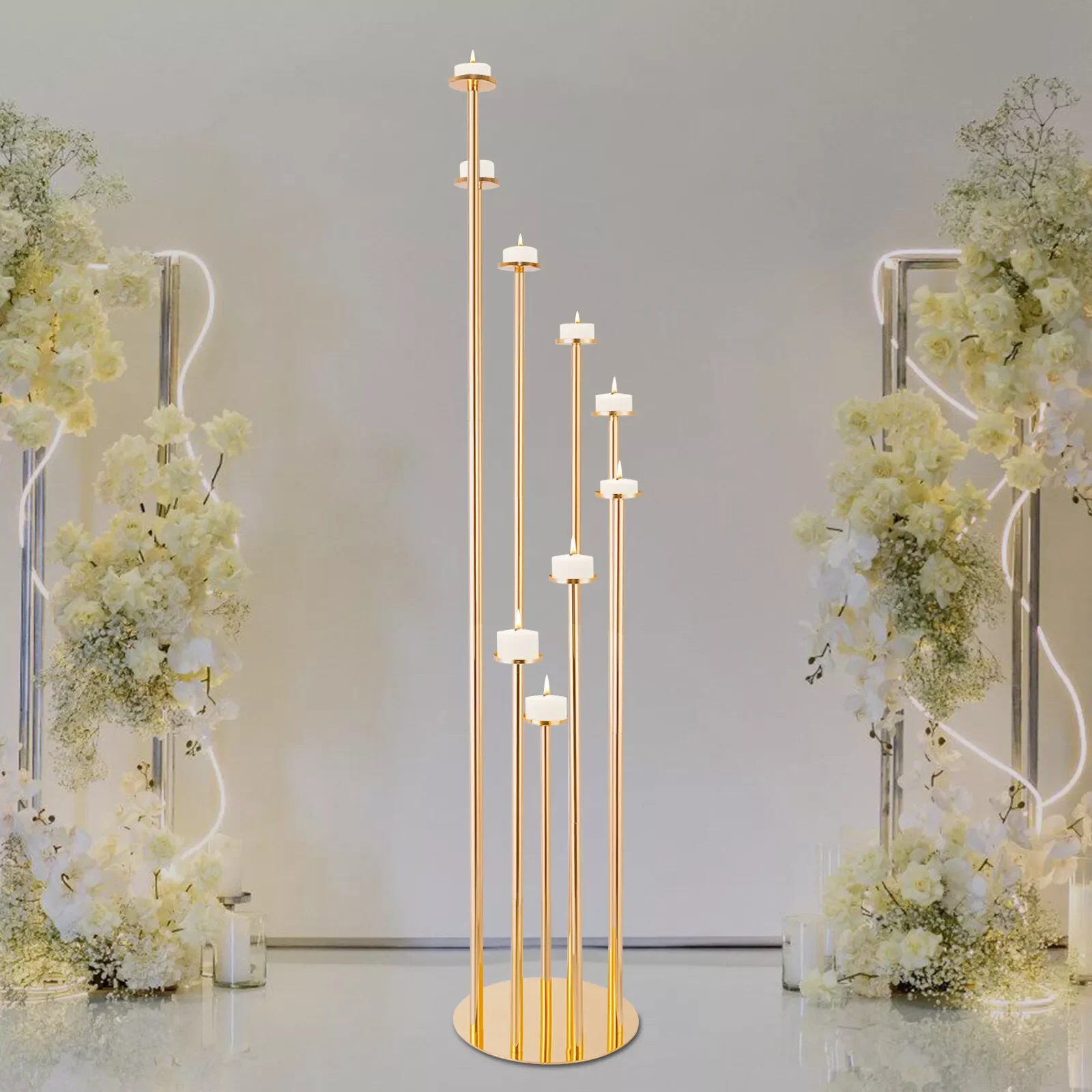 

9-Arm Golden Electroplated Iron Candle Holder, Elegant Home Decor, Wedding Centerpiece, Luxe Party Decor