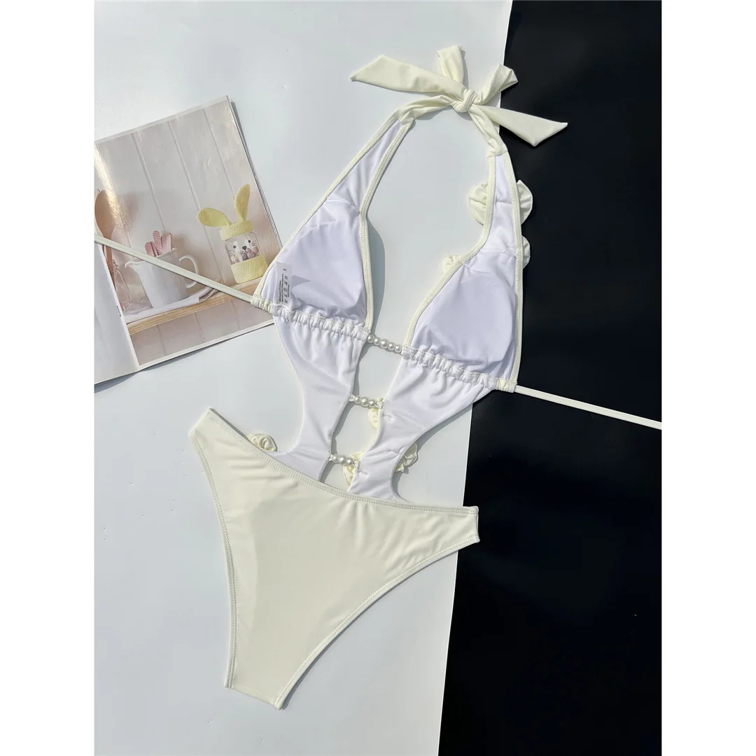 Rosa-rote Badeanzug-Bademode mit 3D-Blumenmuster, tiefem V-Ausschnitt, einteiliger Badeanzug für Damen, hoch geschnittene Beine, Monokini V6986P – Detail 7