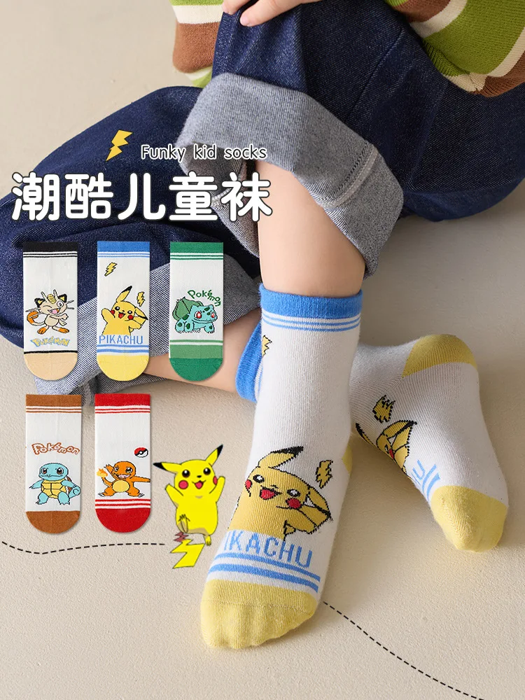 5 Paar Pikachu Kids Sokken Kawaii 2024 Nieuwe Herfst Winter Cartoon Jongen Kinderen Mid-Calf Sokken Katoenen Sok Voor Jongens Geschenken