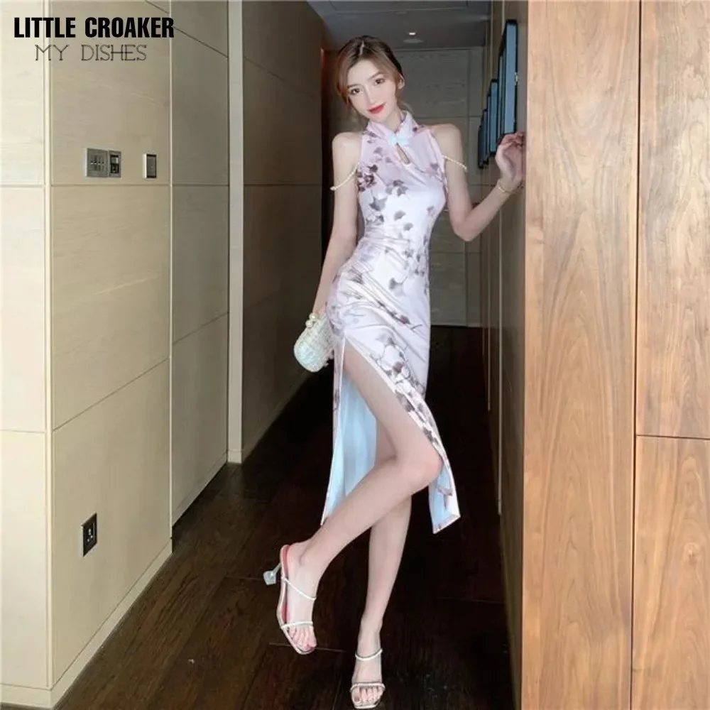 Women Qipao Internet Celebrity New Summer Hit Retro Chinese Girl Temperament Pearl Split Temperament Cheongsam Young Sexy Dress