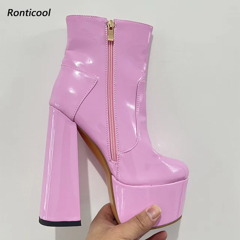 

Ronticool High Quality Women Winter Platform Glossy Ankle Boots Hoof Heels Round Toe Green Party Shoes Ladies Plus US Size 36