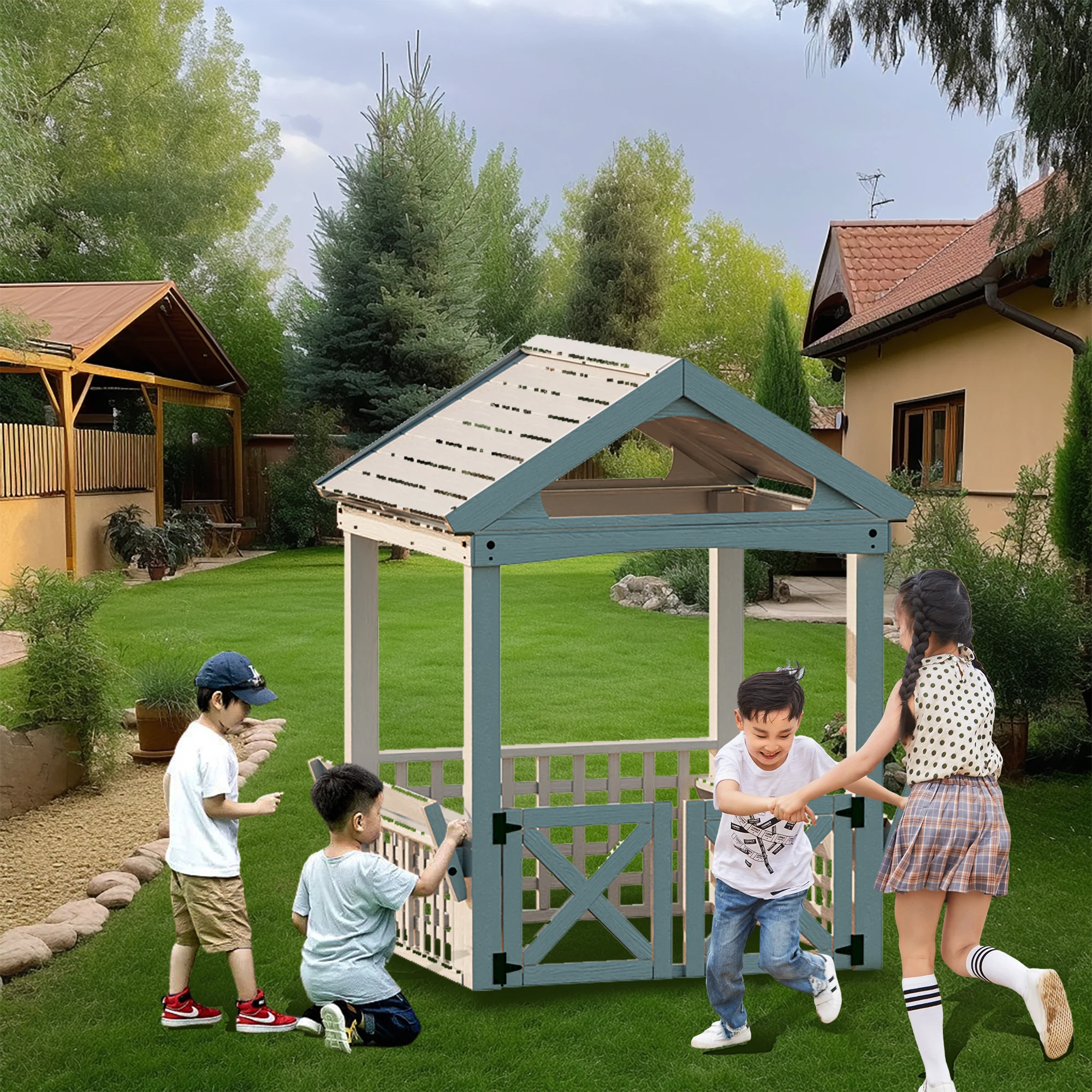 Özel Beyaz Çocuk Ahşap Oyun Ev - Kids Outdoor Wooden Playhouse incelemesi ve fiyatı