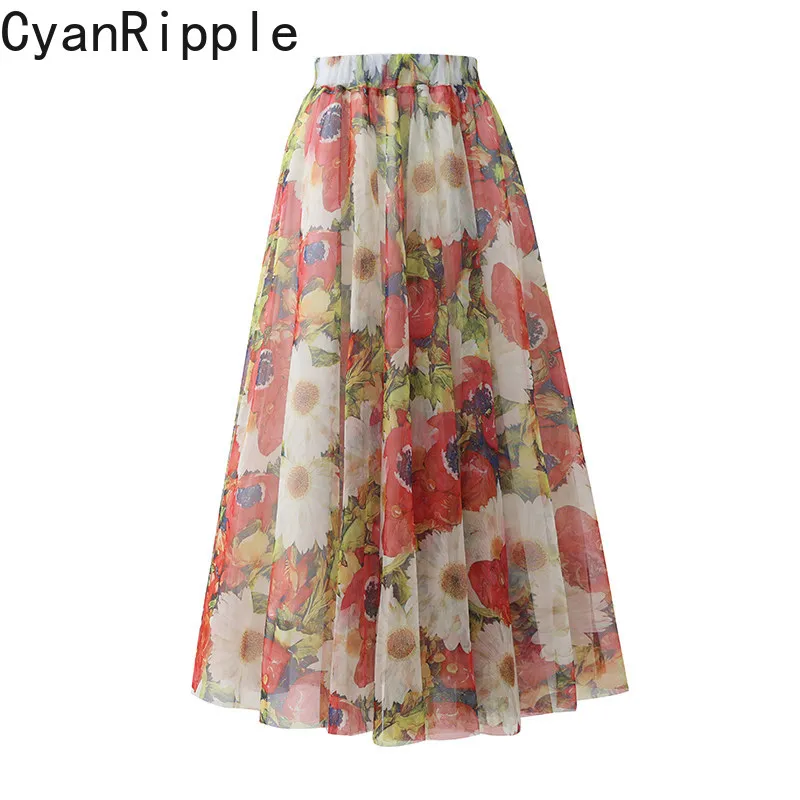 2026 New Summer All-match Mesh Printing Umbrella Skirt Women Elegant Elastic High Waist Mid-length Bohemian Beach A-line Skirts