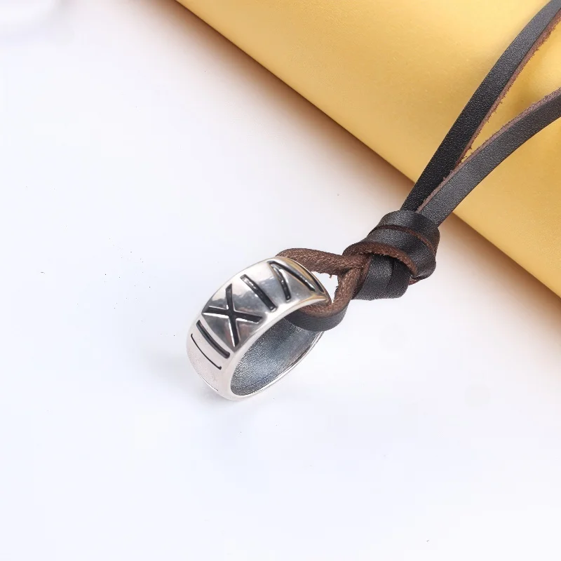Man Necklace Personality Fashion Alloy Ring Roman Numeral Pendant Vintage Punk Leather Necklace for Men Hand-woven Necklace Gift - Image 2