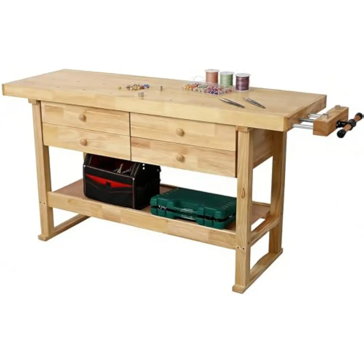 60 Inch Heavy-Duty Rubberwood Workbench with 4 Smooth-Drawers and Integrated Tool Rack — Reinforced H-Frame, 32.5 Inch Height, 3