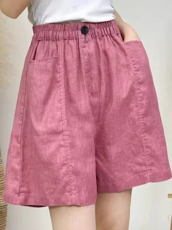 Reine Farbe Leinen orts frauen Sommer Lose Abnehmen Elastische Taille A-Line Casual Breite Bein Fünf-Viertel Hosen