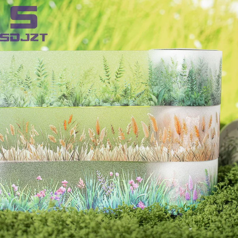 2M/Roll Cute Green Grass Flowers PET Tape Paper Journaling Adhesive Masking Tape DIY Scrapbooking Diary Aesthetic Stationery