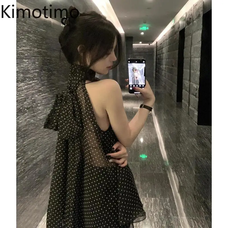 Kimotimo Black Polka Dot Lace Up Sleeveless Chiffon Blouse Women French Temperament Off Shoulder Tops Fashion Transparent Shirt