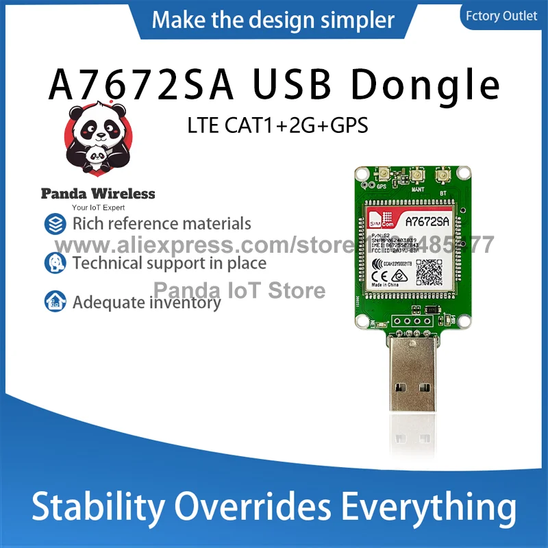 1 SZT. SIMcom A7672SA LTE CAT1 Dongle A7672SA-FASE z obsługą GPS LTE-FDD: B1/B2/B3/B4/B5/B7/B8/B28/B66 GSM/GPRS/EDGE: 900/1800MHz