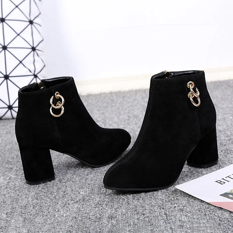 Hot sale Retro Plush Warm Autumn Winter Women\'s Boot Vintage Block Heel Ankle Boots Zipper High Heels Women Shoes Big Sizes 43