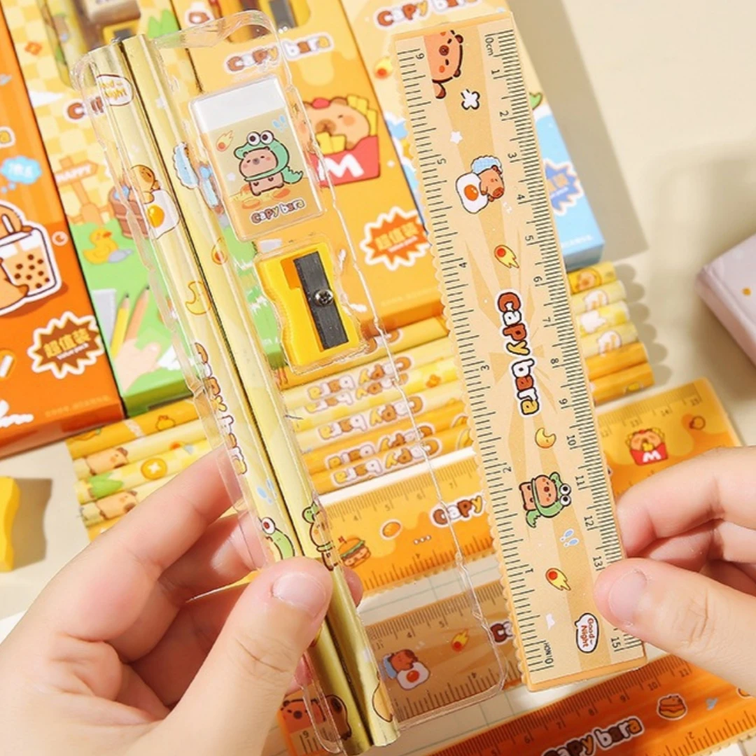 مجموعة أدوات مكتبية موثوقة 5 في 1 من كابيبارا، مجموعة أدوات مكتبية كابيبارا اللطيفة، مجموعة مسطرة ومبراة محمولة لفئة الفن