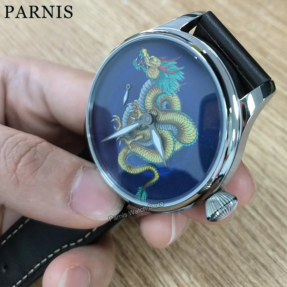 Parnis 44mm Hand Winding Mens Classic Dragon Dial Wrist Watch Customization Acceptable