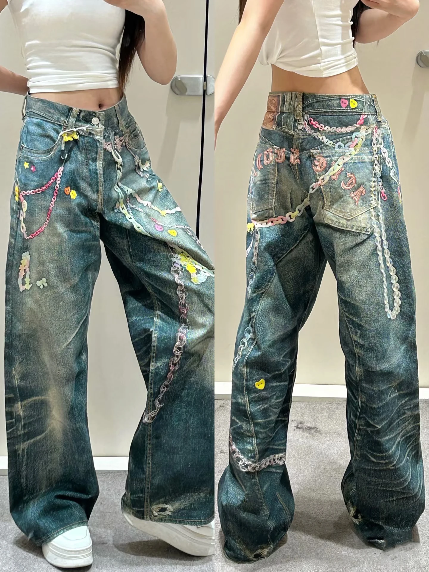 Digital Candy Chain Print 3D Lace Pearl Straight Leg Jeans Casual mid Waist Zipper Fly Summer Jeans Trendy Loose Fit Jeans