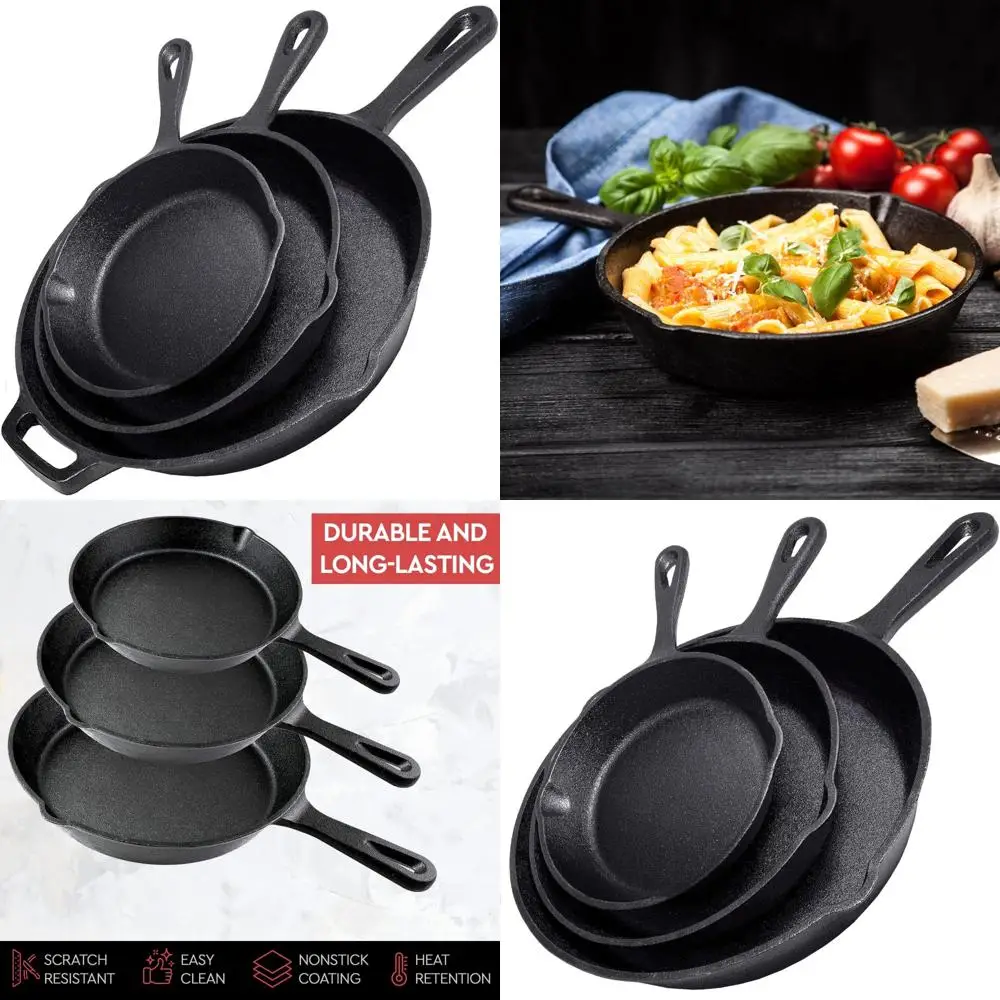 

Heavy Duty Pre-Seasoned Cast Iron Skillet Set - 12, 10, 8 Professional Chef Quality Cookware for Restaurants and Home Use