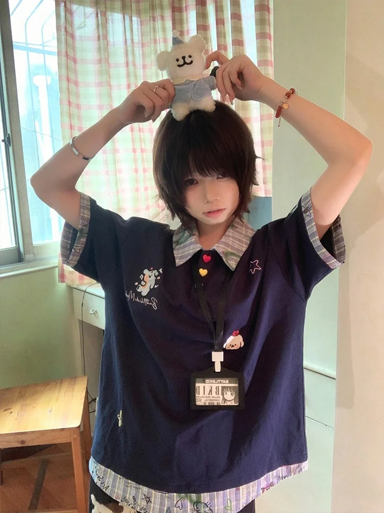 Retro American Dogstitchwork Loose ort Sve Women's Summer  irtTee Collegiate Sle Semi-sve Top