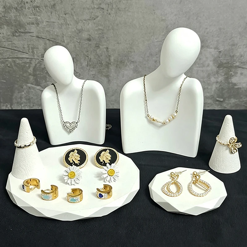 6-Piece White Jewelry Display Set - Necklace Bust, Ring Cone & Geometric Tray for Shop Showcase & Photography Props