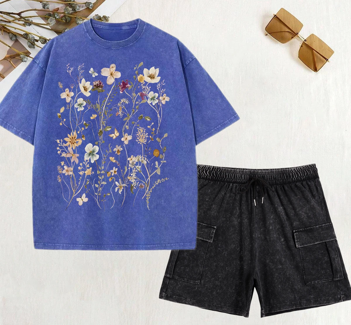 

Beautiful Flower Clusters Print Washed T-Shirt Sets Women Cotton Comfortable T Shirt All-Match Cool Short Pants O-Neck Y2K Set