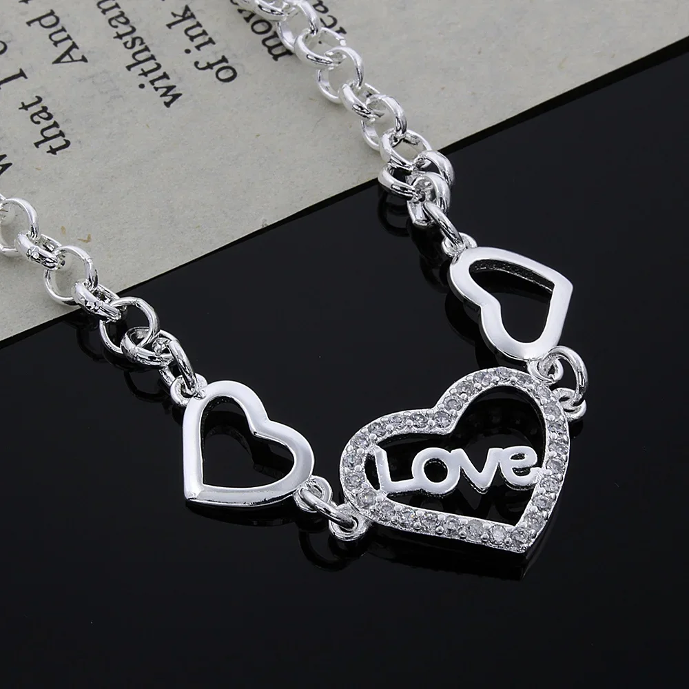 925 sterling Silver fine crystal LOVE heart Chain Bracelets for Women luxury Fashion Party Wedding Accessories Jewelry Gifts