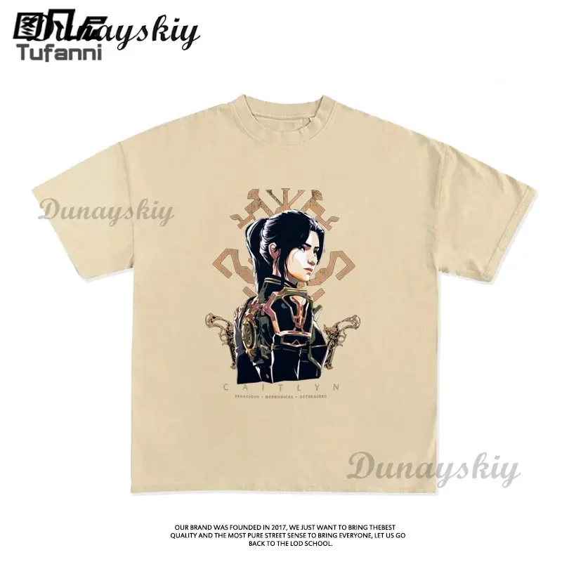 Футболка для косплея Arcane Caitlyn Vi, винтажная хлопковая футболка с рисунком аниме, повседневная уличная одежда с принтом на заказ, эстетические рубашки с героями мультфильмов