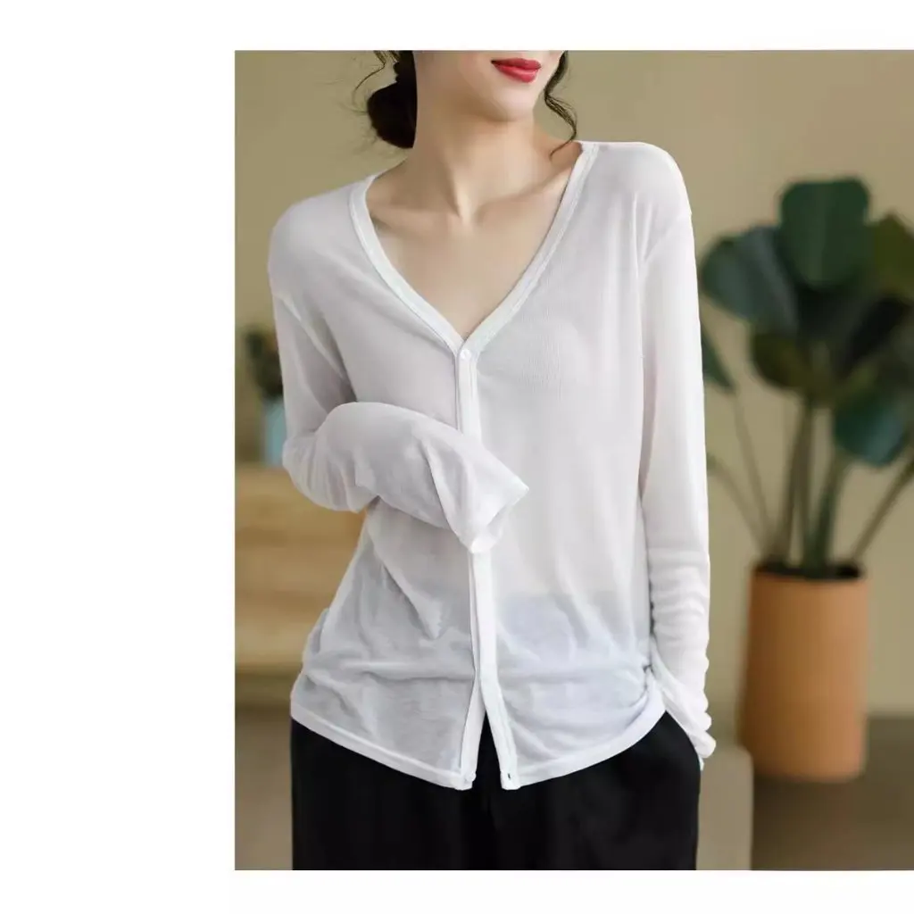 

Lessel Women's Cardigan Long-Sleeved V-Neck Sweater Korean Style Solid Color Summer Air Conditioning Slim Fit Outer Wear