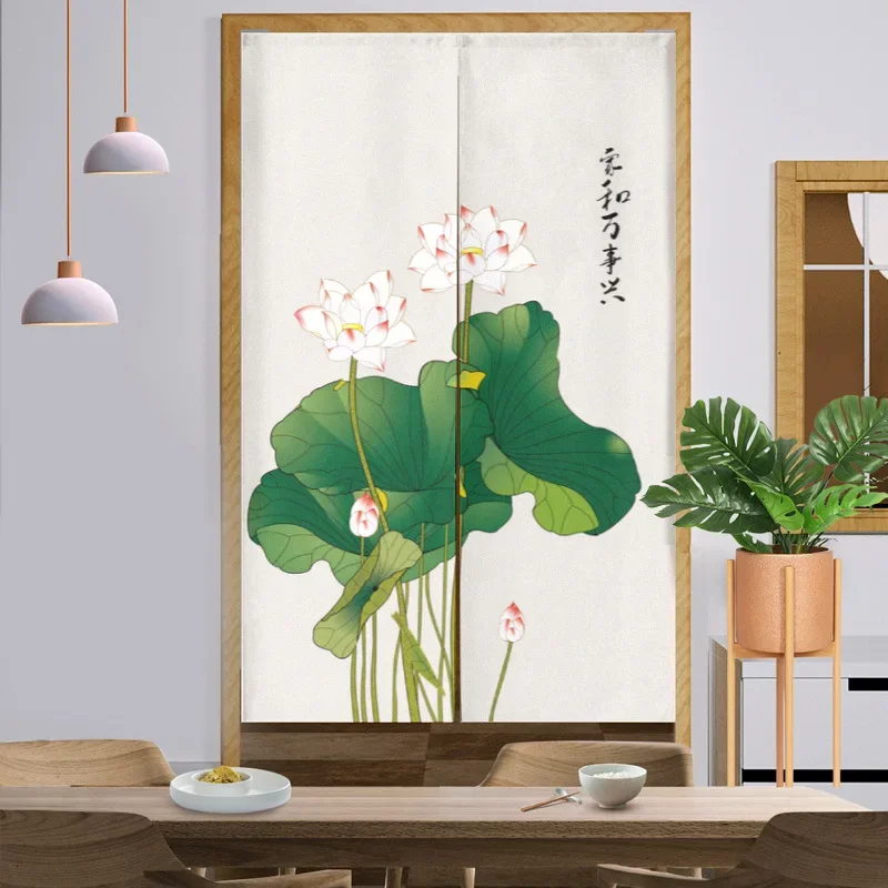 Watercolor lotus flower changing Curtain Privacy Partition Doorway Curtains Kitchen Entrance Noren Linen Hanging Half-curtain
