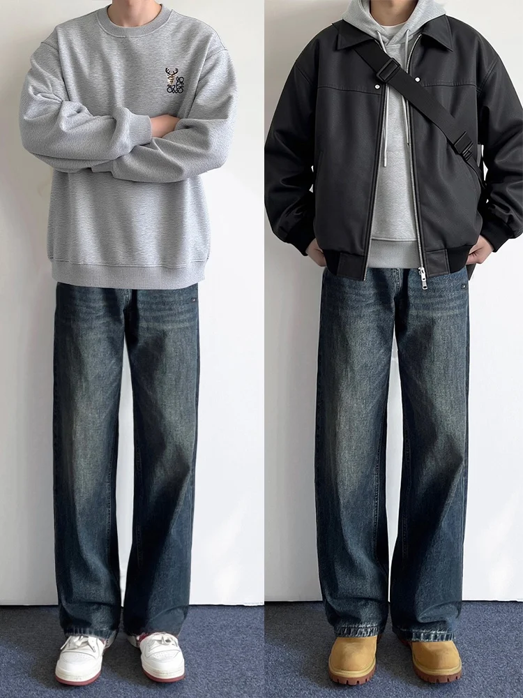 

Мужские джинсы прямого кроя в стиле ретро, синие, со средней посадкой, с высокой талией, утягивающие, в американском стиле, повседневные, модные, весенний сезон