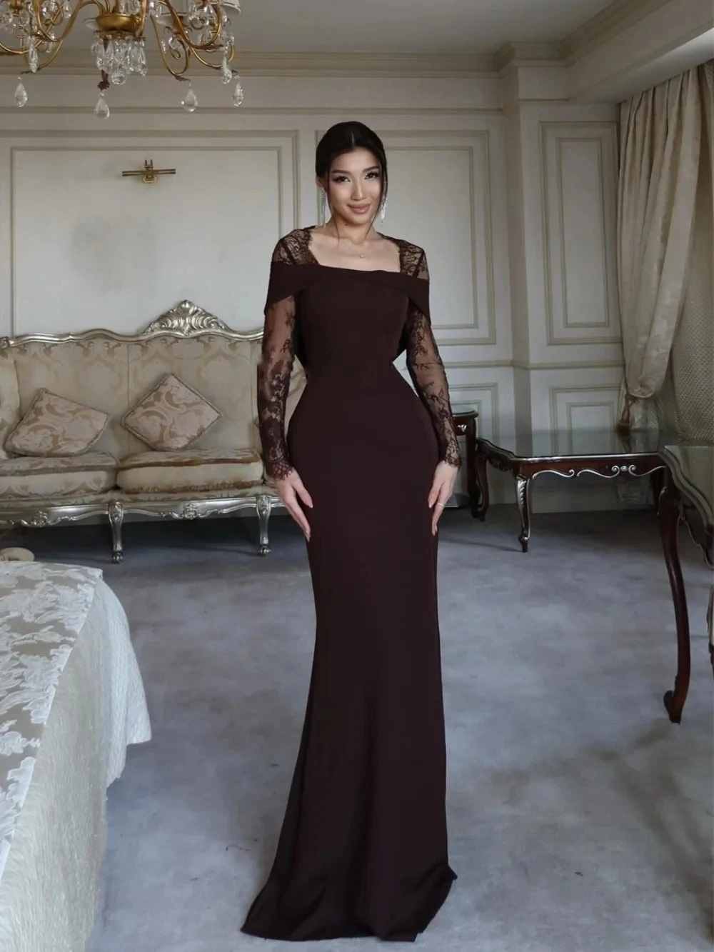 

Formal Lace Long Sleeves Bespoke Occasion Gown Evening Dresses Prom Pastrol Unisex Jersey Retro Dubai Saudi Arabic Customized