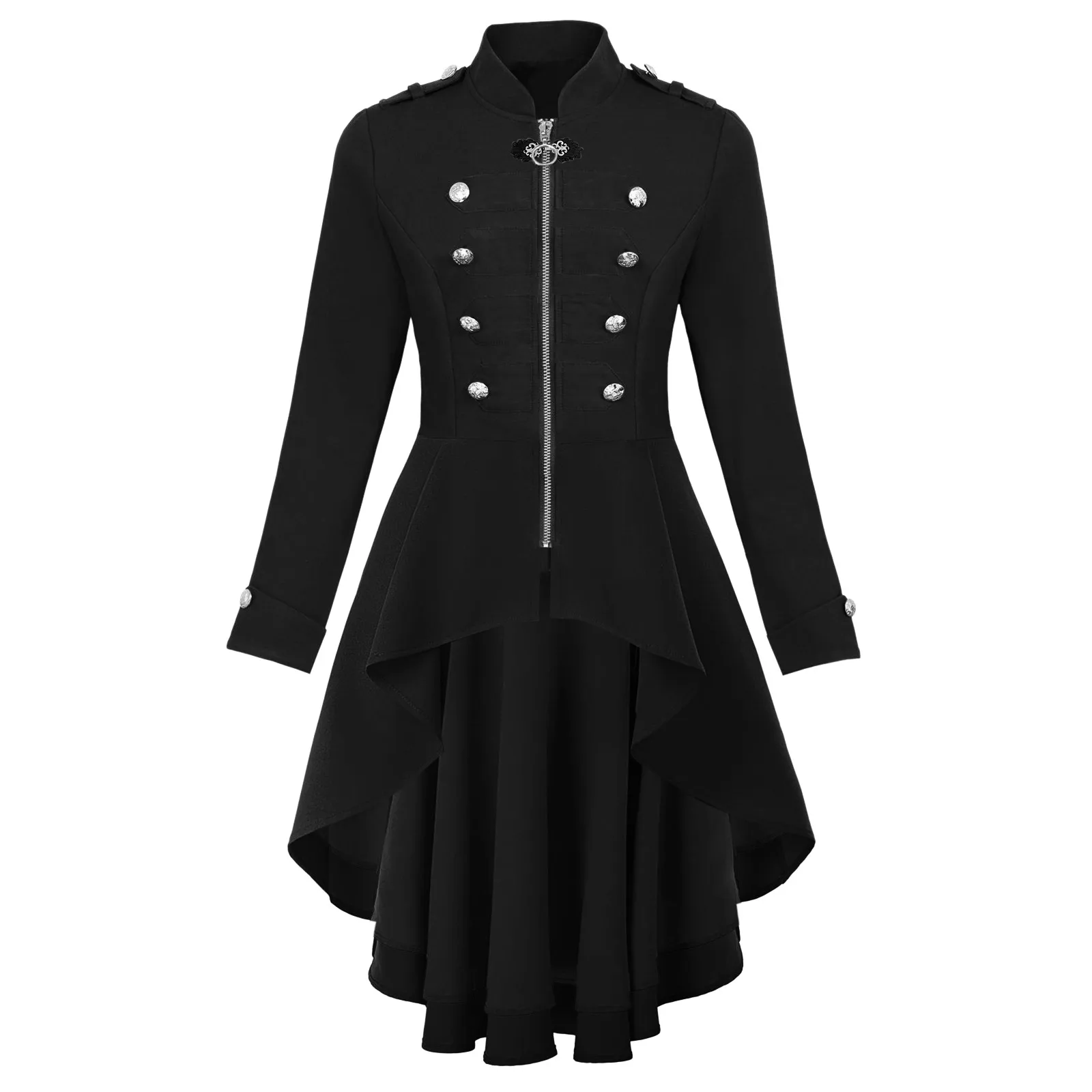 Women's Medieval Punk Gothic Long Tops Tailcoat High Neck Long Sleeve Button Front and Back Asymmetric Zipper Jacket