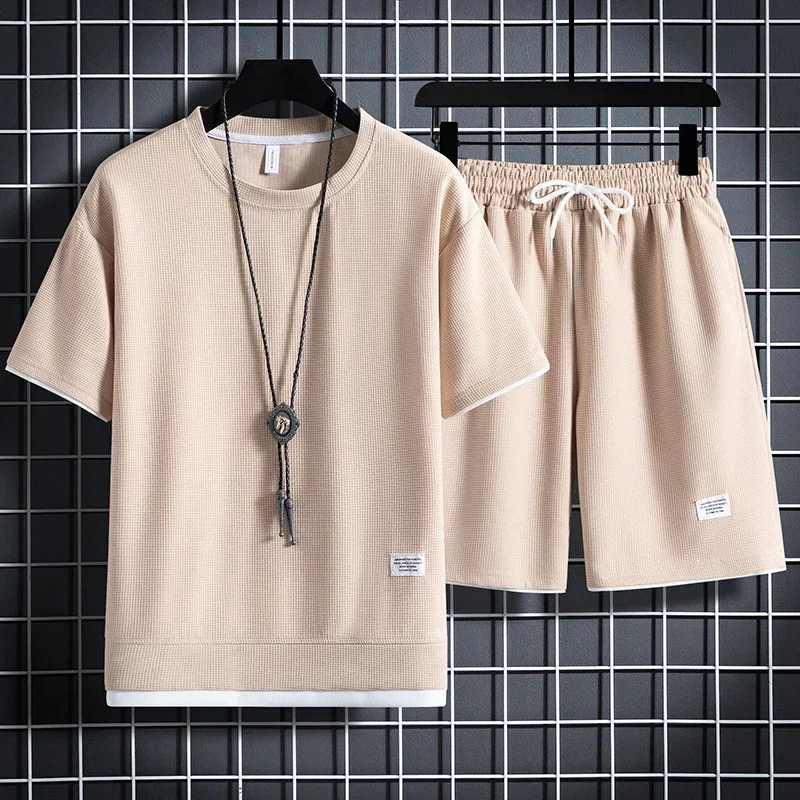 

2025 Shorts suit Men's tracksuit Solid color tracksuit loose suit, men's new Waffle Summer suit casual T-shirt