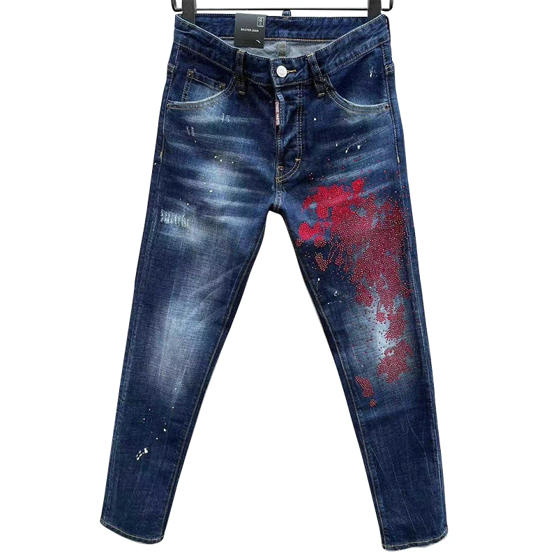 100 chareiharper c062  Ripped fashion men's denim pants quadratic personality small straight feet fashion jeans