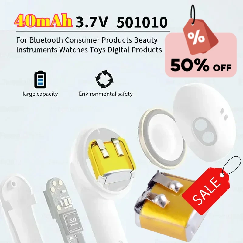 

50pcs Lipo Rechargeable Polymer Lithium Batteries 501010 501012 3.7V 40mAh Bluetooth Batteries for Headset LED Lights Mp3/mp4